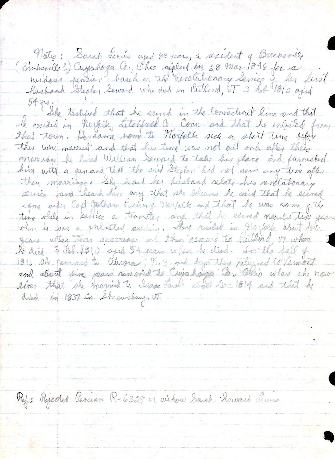 SEWARD, Stephen (b. 1755 Conn. d. 1810 Rutland) Rev. War widows pension app